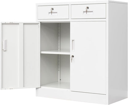 Metal Storage Cabinet, Locking Storage Cabinet with Adjustable Shelf, 36" H Metal Cabinets with Two Drawers for Office, Garage, Home-White