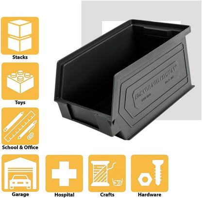 Plastic Storage Bins, Hanging, Stackable, Storage Organizer Bin for Warehouses, Workshops 9-Inch x 5-Inch x 5-Inch, Black, 12-Pack