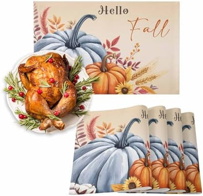 Fall Placemats Set of 6, Hello Fall Pumpkin Place Mats Maple Leaves Sunflower Bird Tablemats Harvest Thanksgiving Placemat Table Decoration for Kitchen Table Holiday Dinner Party Autumn Home Decor