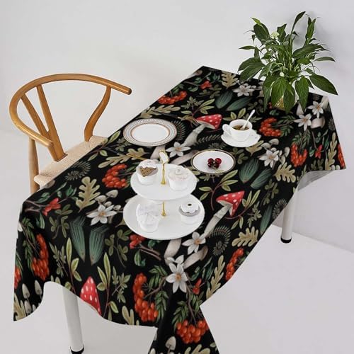 Autumn Mushroom Tablecloth, Rustic Vintage Farmhouse Mushrooms Fern Berries Leaves Botanical Print Table Cover for Outdoor Party Picnic Kitchen Dinning Table Decor 60x110in