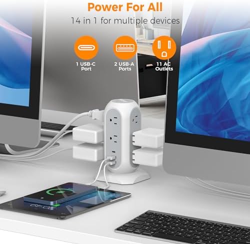 TESSAN Tower Power Strip Flat Plug with 1050J Surge Protection, 10 Ft, Grey