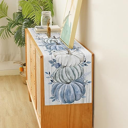Fall Table Runner Blue Pumpkin Table Runners Harvest Thanksgiving White Blue Pumpkins Wooden Cotton Linen Dresser Scarf Kitchen Dining Table Decor for Autumn Holiday Party Coffee 13x70 Inch