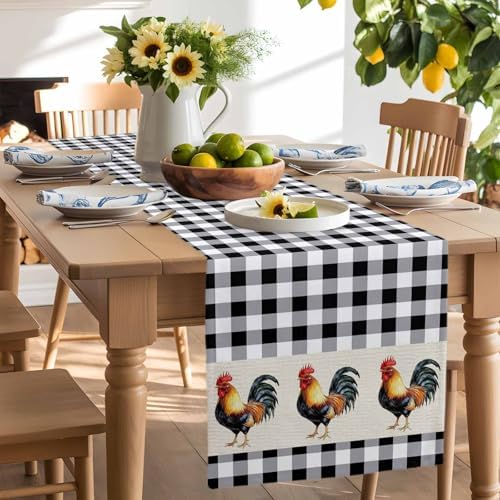 Farm Animals Chicken Table Runner Dresser Scarf 13 x 120 Inch Black White Buffalo Plaid Linen Table Runners Non-Slip Heat Resistant Kitchen Dining Table Decor for Home Holidays Indoor Outdoor