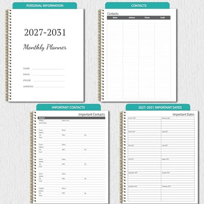 2027-2031 Monthly Planner, 5 Year Monthly Planner/Calendar 2027-2031, 60-Month Jan 2027 – Dec 2031, 9" x 11", Tabs, Double-Side Pocket, Holidays, Thick Paper - Green