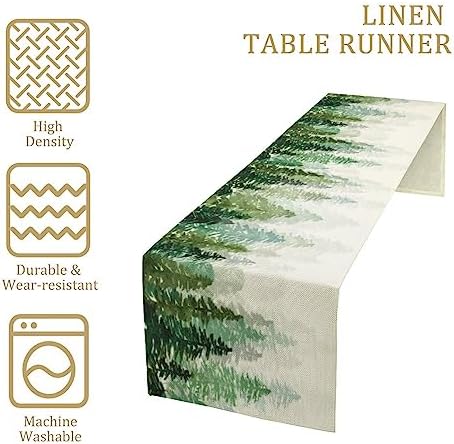 Forest Pine Trees Table Runner, Woodland Tabletop Scarf Home Kitchen Holiday Decor, Seasonal Farmhouse Rustic Dining Decorations Party Supply 13 X 90 Inch