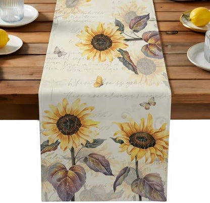 Farmhouse Sunflower Table Runner Dresser Scarf 13 x 120 Inch Vintage Yellow Flower Butterfly Botanical Table Runners Non-Slip Heat Resistant Kitchen Dining Table Decor for Home Holidays Indoor Outdoor