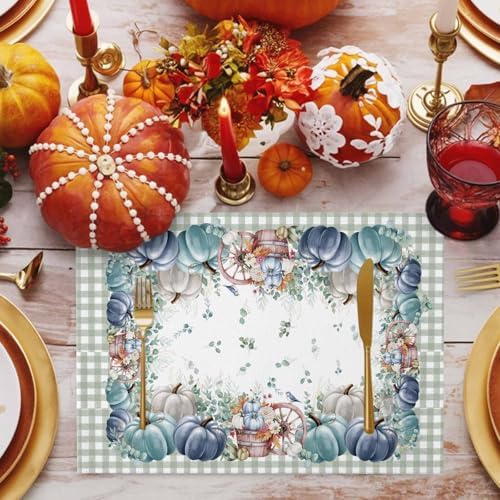 Fall Thanksgiving Placemats Set of 6, Navy Blue Pumpkins Green Eucalyptus Leaves Heat Resistant Washable Table Place Mats Sage Farmhouse Plaid Table Linens Decor for Home Kitchen Dining Outdoor Indoor