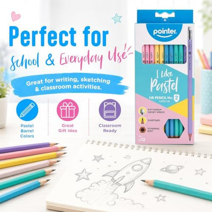 Pointer Pastel HB Pencils with Soft Eraser, Hexagonal Body, Pre-Sharpened, Assorted Colors, 12 Count