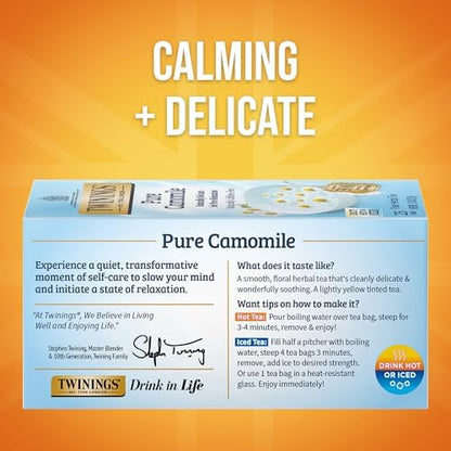 Twinings Pure Camomile Herbal Tea Individually Wrapped Bags, 25 Count (Pack of 6), Calming & Delicate, Naturally Caffeine-Free, Enjoy Hot or Iced, 150 Teabags