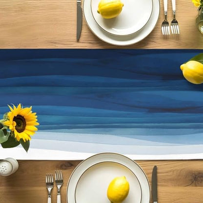 Blue White Ombre Table Runner Dresser Scarf 13 x 108 Inch Abstract Gradient Ocean Waves Modern Stripe Table Runners Non-Slip Heat Resistant Kitchen Dining Table Decor for Home Holidays Indoor Outdoor