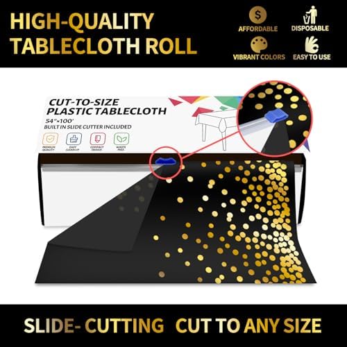 CXPSINC 54 Inch X 300 Feet Plastic Table Cover Roll Disposable Tablecloth with Slide Cutter for All Type/Shape Tables | Party, Banquet, Birthdays, Weddings(Black & Gold Dot, 300 Feet)