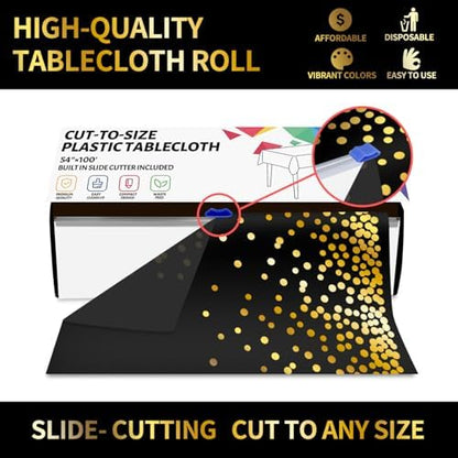 CXPSINC 54 Inch X 300 Feet Plastic Table Cover Roll Disposable Tablecloth with Slide Cutter for All Type/Shape Tables | Party, Banquet, Birthdays, Weddings(Black & Gold Dot, 300 Feet)
