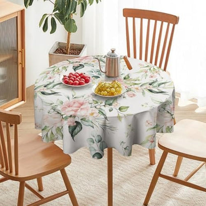 Pink Flowers Tablecloth, Watercolor Sage Green Eucalyptus Leaves Branches Floral Print Table Cloth for Picnic Party Dining Room Home Decor, 50x50in