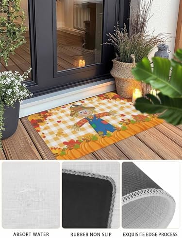 Fall Door Mat Scarecrows Crow Pumpkin Doormat Maple Leaf Orange Buffalo Plaid Harvest Thanksgiving Welcome Mat Non Slip Entryway Front Rug Floor Mat for Indoor Outdoor Kitchen Autumn Holiday 20x32