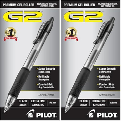 PILOT G2 Premium Gel Roller Pens, Extra Fine Point 0.5 mm, Gel Pens Black Ink, Ideal for School, Journaling & Office Writing, 12 Count (Pack of 2)