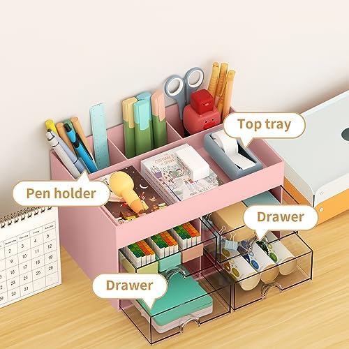 Marbrasse Pen Organizer with 4 Drawer, Multi-Functional Pencil Holder for Desk, Desk Organizers and Accessories with 4 Compartments + Drawer for Office Art Supplies (pink)