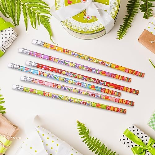Happy Birthday Pencils Wooden Pencil Birthday Party Pencil with Top Erasers Birthdays Party Supplies, 6 Style(120)