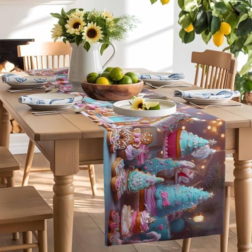 Christmas Table Runner Dresser Scarf 13 x 108 Inch Gingerbread House Gingerbread Man Cake Candy Table Runners Non-Slip Heat Resistant Kitchen Dining Table Decor for Home Holidays Indoor Outdoor