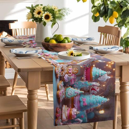 Christmas Table Runner Dresser Scarf 13 x 108 Inch Gingerbread House Gingerbread Man Cake Candy Table Runners Non-Slip Heat Resistant Kitchen Dining Table Decor for Home Holidays Indoor Outdoor