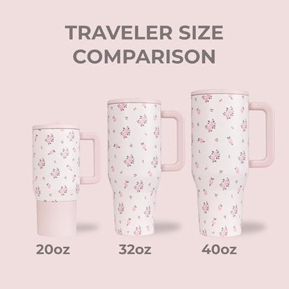 HydroJug Traveler - 40 oz Water Bottle with Handle & Flip Straw - Fits in Cup Holder, Leak Resistant Tumbler-Reusable Insulated Stainless Steel & Rubber Base - Gifts for Women & Men, Wildrose