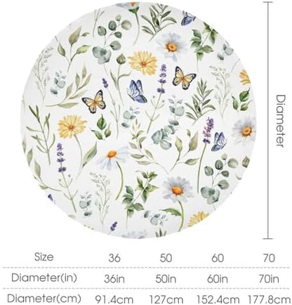 Watercolor Wildflowers Tablecloth, Summer Daisy Lavender Eucalyptus Branches Leaves Print Table Cover for Tea Party Weddings Indoor Outdoor Dining, 70x70in