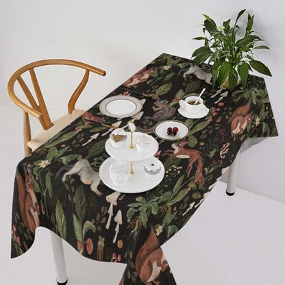 Cartoon Woodland Tablecloth, Watercolor Rustic Forest Wild Animals Bunny Rabbit Squirrel Mushroom Plants Print Table Cloth for Indoor Outdoor Dining Table Party Picnic Decor 55x55in