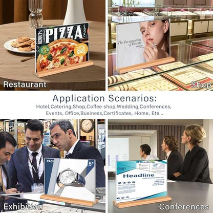 Kersally Acrylic Sign Holder 7 x 5'',6 Pack Double-Sided Clear Table Display Stands with Wood Base,Horizontal Acrylic Frame Menu Flyer Paper Holder for Store, Restaurant, Hotel, Office, Show Fair