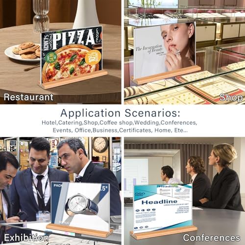 Kersally Acrylic Sign Holder 11 x 8.5'', 4 Pack Double-Sided Clear Table Display Stands with Wood Base,Horizontal Acrylic Frame Menu Flyer Paper Holder for Store, Restaurant, Hotel, Office, Show Fair