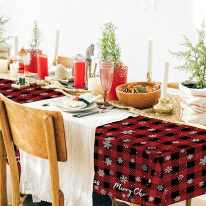 CXPSINC 54 Inch X 100 Feet Plastic Table Cover Roll Disposable Tablecloth with Slide Cutter for All Type/Shape Tables | Party, Banquet, Birthdays, Weddings(Red Checkered Snowflake, 100 Feet)