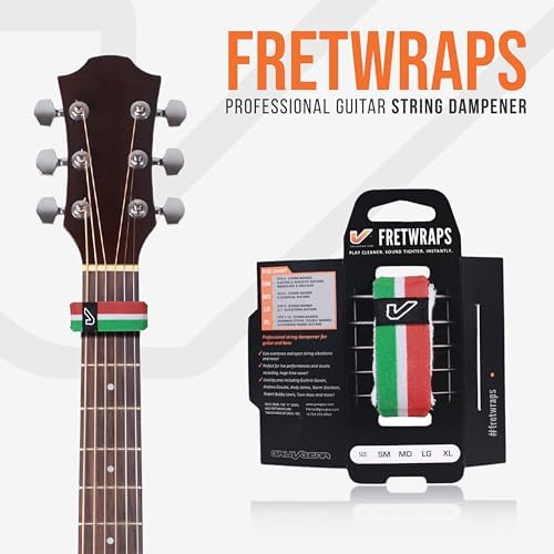 Gruv Gear Fret Wrap & Guitar Mute, Fretwrap for Acoustic, Electric & Bass | String Dampener Recording, Tapping & Practice Accessory (1 Pack, Small Green/White/Red, Fits 4 String Bass, 6 String Guitar)