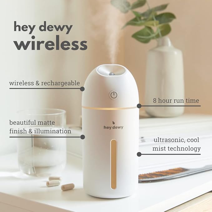Hey Dewy Wireless, Rechargeable, Self-Care, Skin-Nourishing, Hydrating, Portable Cool Mist Humidifier (Blush)