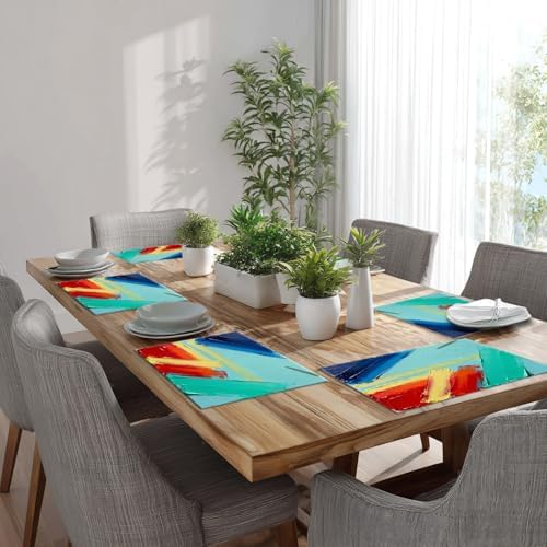 Batmerry Abstract Art Painting Linen Placemats Set of 8, Modern Colorful Texture Artwork Blue Washable Table Mats for Kitchen Table Thickened Heat Insulation Dining Set Indoor Outdoor 12X18 in