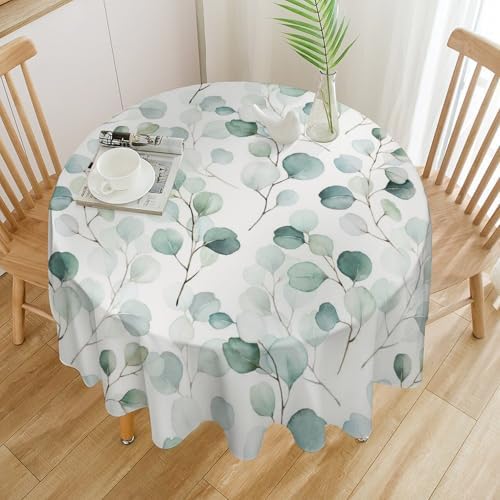 Eucalyptus Leaf Tablecloth, Spring Botanical Sage Green Watercolor Floral Plant Branches Print Table Cloth for Home Kitchen Dining Outdoor Patio Wedding Decor, 70x70in