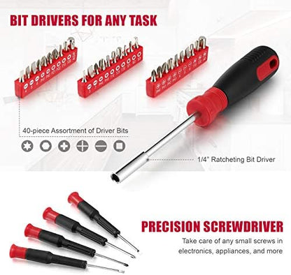 Eastvolt 128-Piece Home Repair Tool Set, Tool Sets for Homeowners, General Household Hand Tool Set with Storage Toolbox, EVHT12801, Black + Red (ASK01)