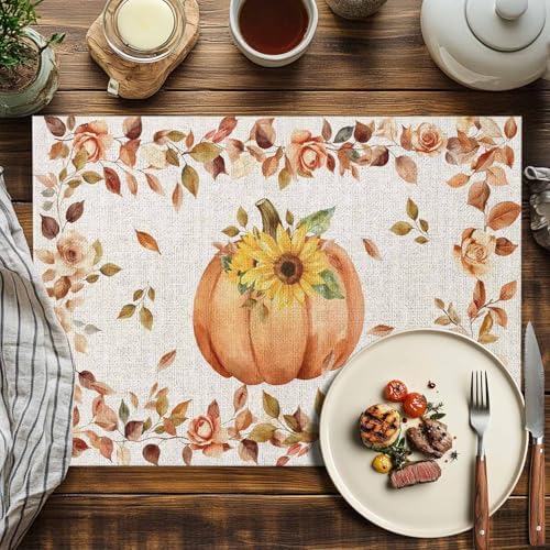 Boho Fall Placemats Set of 6, Thanksgiving Watercolor Pumpkins Heat Resistant Washable Table Place Mats Sunflowers Eucalyptus Table Linens Party Holiday Decor for Home Kitchen Dining Outdoor Indoor,