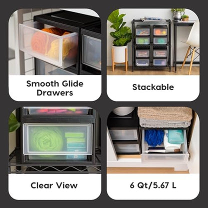 IRIS USA 4-Pack, 6 Qt. Small Stacking Drawer Storage Organizer, Black