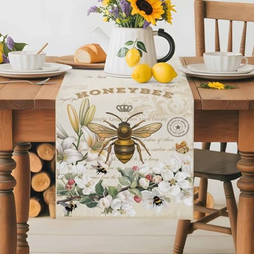 Bee Table Runner Dresser Scarf 13 x 120 Inch Farmhouses Honeybee White Floral Plants Retro Beige Table Runners Non-Slip Heat Resistant Kitchen Dining Table Decor for Home Holidays Indoor Outdoor