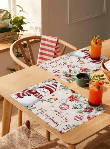 Merry Christmas Placemats Set of 6, Cotton Linen Snowman Table Mats Non-Slip Washable Snowflake Christmas Tree Balls Poinsettia Flower Retro Placemat for Holiday Banquet Dining Kitchen Table Decor