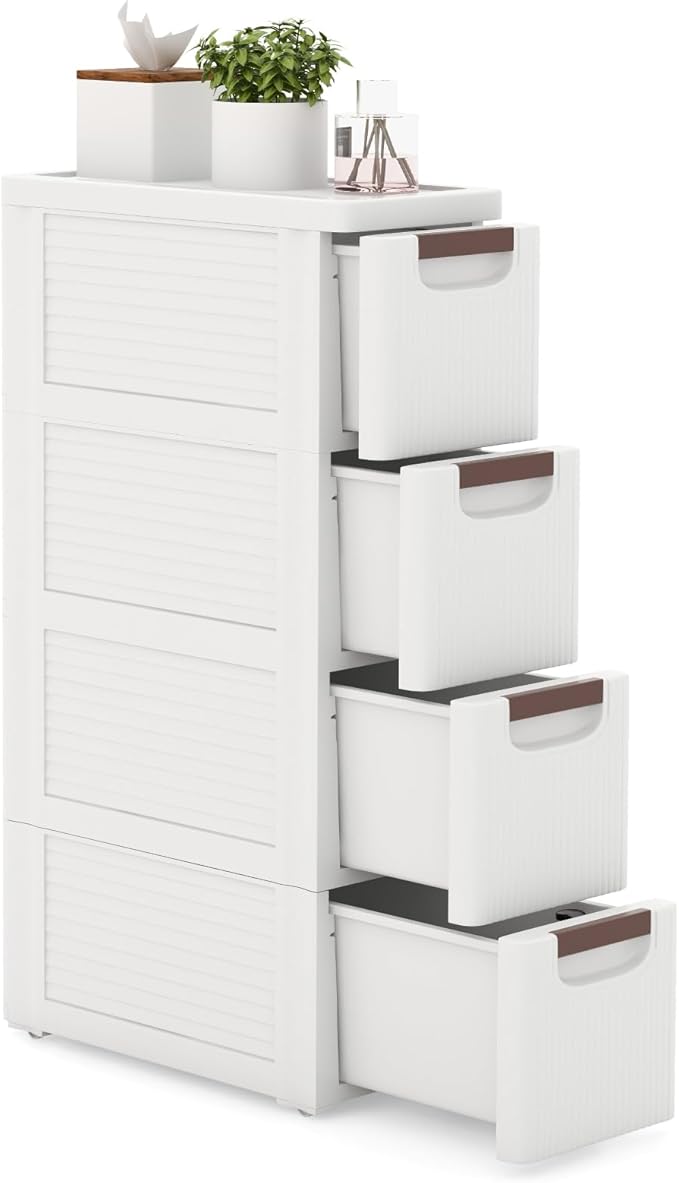 LOKO 4-Drawer Narrow Storage Cabinet, Slim Rolling Cart, Mobile Plastic Cart Container with Pull Handles, Built-in Wheels, for Living Room, Kitchen, Bathroom, Office (7.5"x16.5"x29.5" (4 Drawer))