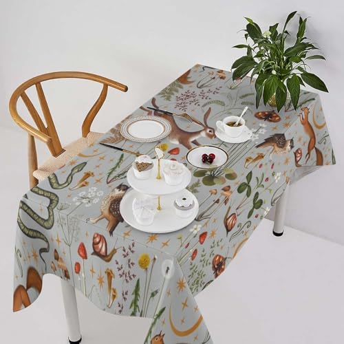 Woodland Animal Tablecloth, Grey Country Forest Hare Squirrel Owl Snake Snail Flowers Mushroom Print Table Cover for Picnic Party Holiday Home Kitchen Dining Table Decor 60x90in