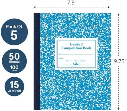 Roaring Spring Composition Notebooks, 5-Pack, Grade 2 Ruled, 50 Sheets 15# White Paper, 9.75"x7.75", Designed for Grade 2 Classes, Practicing Writing & Penmanship, Blue Marble Flexible Cover