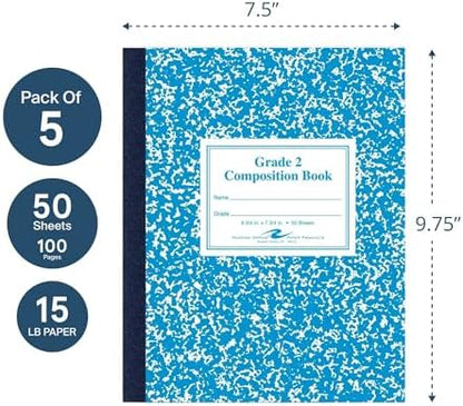 Roaring Spring Composition Notebooks, 5-Pack, Grade 2 Ruled, 50 Sheets 15# White Paper, 9.75"x7.75", Designed for Grade 2 Classes, Practicing Writing & Penmanship, Blue Marble Flexible Cover