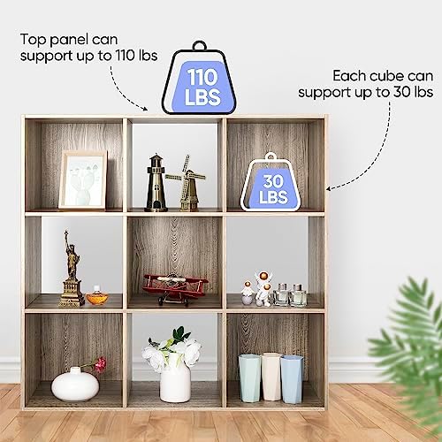 JupiterForce 9 Cubes Bookcases Storage Organizer, 3-Tier Wooden Open Bookshelf Cabinets with Removable Back Panels for Home, Office, Living Room(Natural)