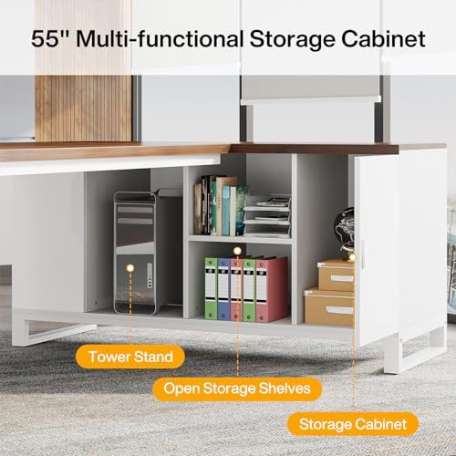 Tribesigns 70.8" L-Shaped Executive Desk with 55" File Cabinet, Large Home Office Computer Desk with Storage Shelves and Cabinet, Modern Business Furniture Set Home Office, Walnut White