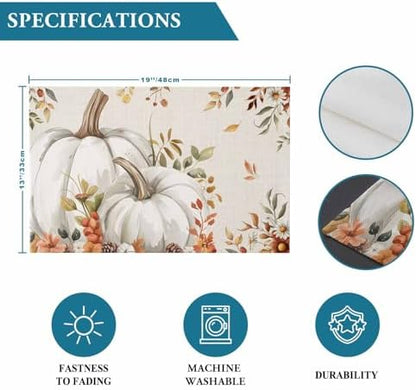Fall Floral Leaves Placemat, Thanksgiving Pumpkins Heat Resistant Washable Table Place Mats Boho Cotton Table Linens Party Holiday Decorations for Home Kitchen Dining Table Outdoor Indoor,