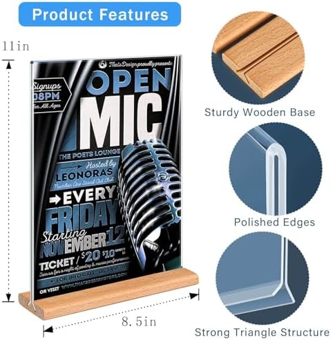 Kersally Acrylic Sign Holder 8.5 x 11, 6 Pack Double-Sided Clear Table Display Stands with Wood Base,Vertical Acrylic Frame Menu Flyer Paper Holder for Stores, Restaurants, Hotels, Office, Show Fair