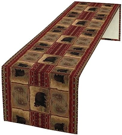 Rustic Bear Table Runner, Retro Vintage Bear Country Cabin Cottage Pine Tree Dinner Table Decoration for Home Kitchen Dining 13"x108"