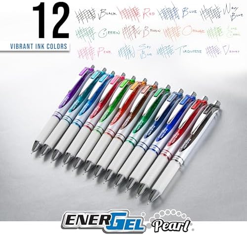 Pentel EnerGel RTX Pearl Liquid Gel Pen, (0.5mm) Needle Tip, Fine Line, Asstd. Ink, 12-Pk