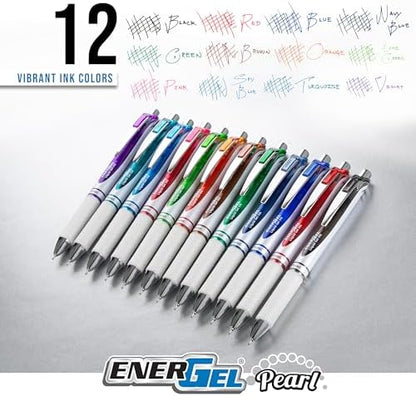 Pentel EnerGel RTX Pearl Liquid Gel Pen, (0.5mm) Needle Tip, Fine Line, Asstd. Ink, 12-Pk