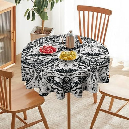 Boho Moth Tablecloth, Gothic Mysterious Halloween Black White Death Butterfly Bat Witch Print Table Cloth for Kitchen Dining Picnic Party Restaurant Decoration, 36x36in